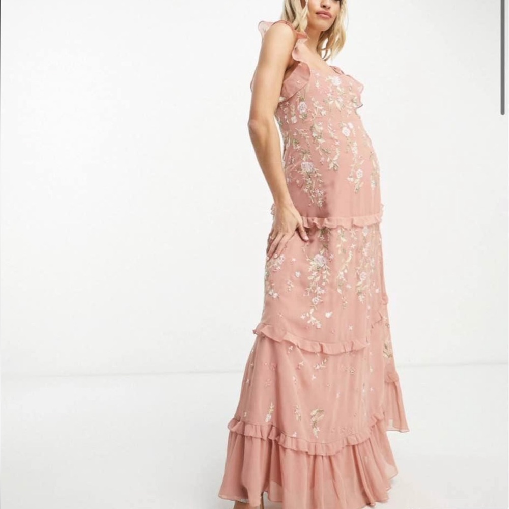 ASOS Maternity Pink Embroidered Ruffle Maxi Dress